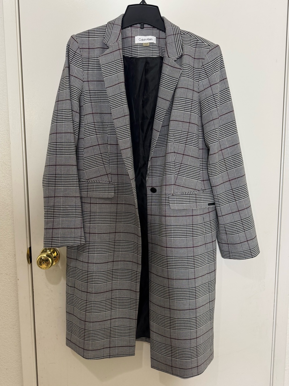 Calvin Klein Gray Plaid Trench Coat with Subtle Red Windowpane - Picture 1 of 6